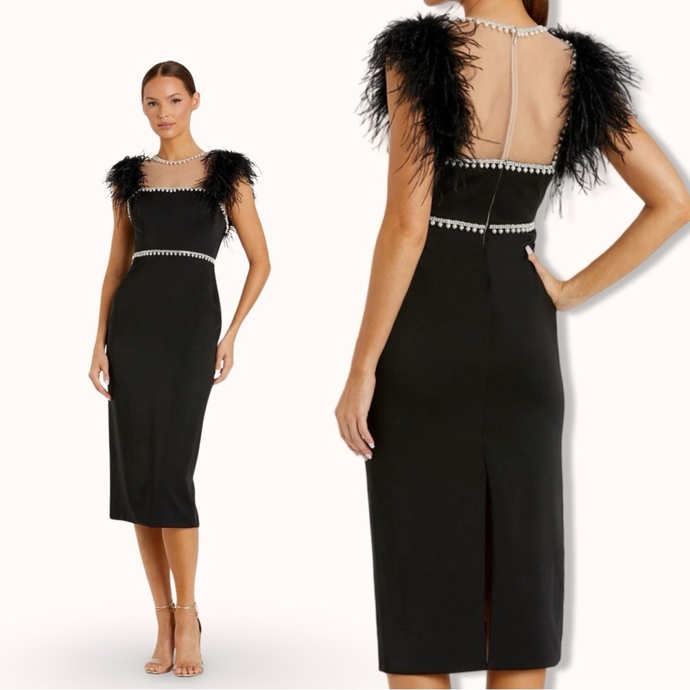 Mac Duggal Black Feather Cap Sleeve Pearl Embellished Midi Formal Dress | 2